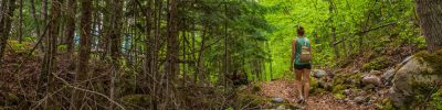 woman hiking through forest