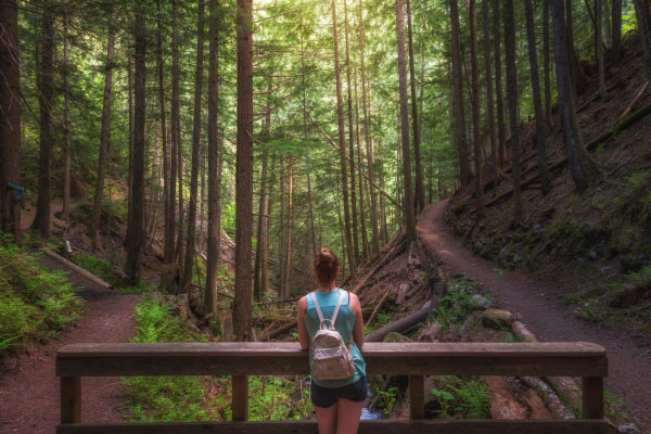 woman looks at stream on hiking route